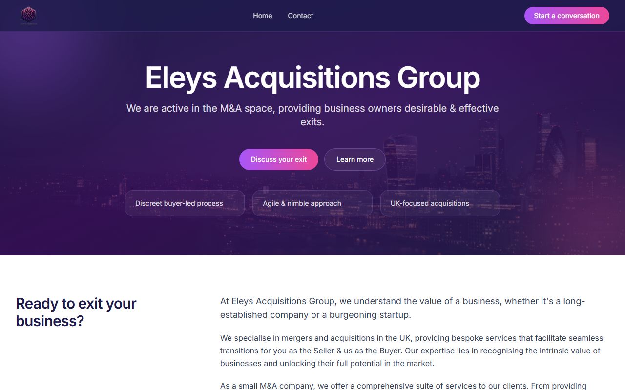 Homepage of eleysacquisitionsgroup.com